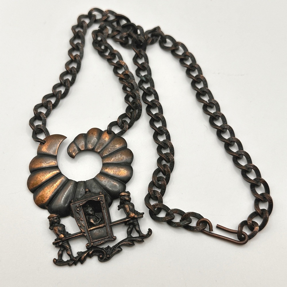 Vintage Copper Figural Pendant Necklace Sedan Chair Palanquin Curb Chain 20"